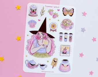 Summer Witch Sticker Sheet | Journal Stickers, Scrapbook Sticker, Planner Stickers, Witchy Sticker Sheet, Magical, Witch, Flowers