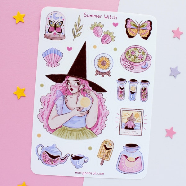 Summer Witch Sticker Sheet | Journal Stickers, Scrapbook Sticker, Planner Stickers, Witchy Sticker Sheet, Magical, Witch, Flowers