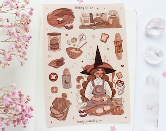 Baking Witch Matt Vinyl Sticker Sheet | Journal Stickers, Scrapbook Sticker, Planner Stickers, Fall, Bakery, Food, Baked Goods, Dragons