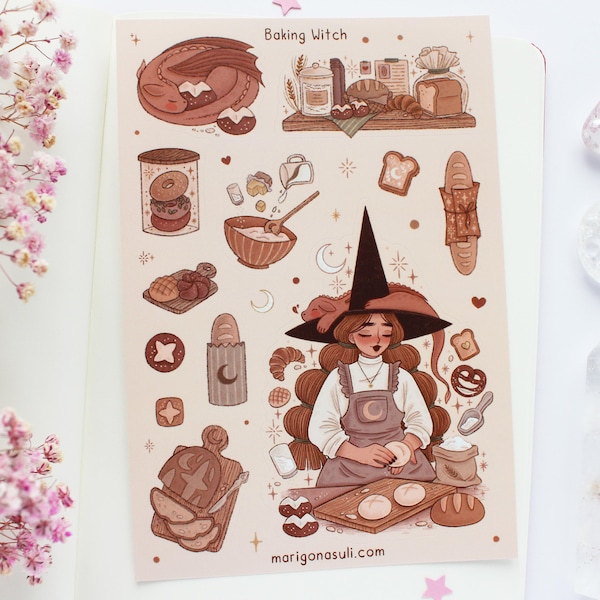 Baking Witch Matt Vinyl Sticker Sheet | Journal Stickers, Scrapbook Sticker, Planner Stickers, Fall, Bakery, Food, Baked Goods, Dragons