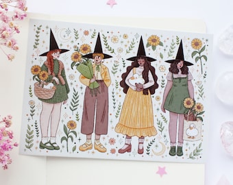 Cottage Witches Postcard A6  | Greeting Card, Scrapbook, Penpal, Cozy Postcard, Magical, Witch, Dragons, Fantasy, Cottagecore, Summer