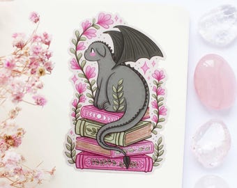 Dragon And Books With Pink Flowers Waterproof Matt Vinyl Sticker | Journal Sticker, Planner, Witchy Sticker, Magical, Witchy, Celestial