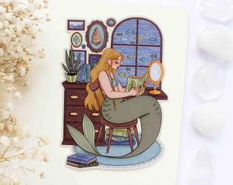 Reading Mermaid Waterproof Matt Vinyl Sticker | Journal Sticker, Planner, Witchy Sticker, Magical, Witchy, Celestial