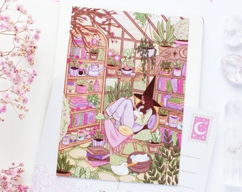 Witchy Greenhouse Postcard A6  | Greeting Card, Scrapbook, Penpal, Cozy Postcard, Magical, Witch, Ducks, Flowers, Plants, Books