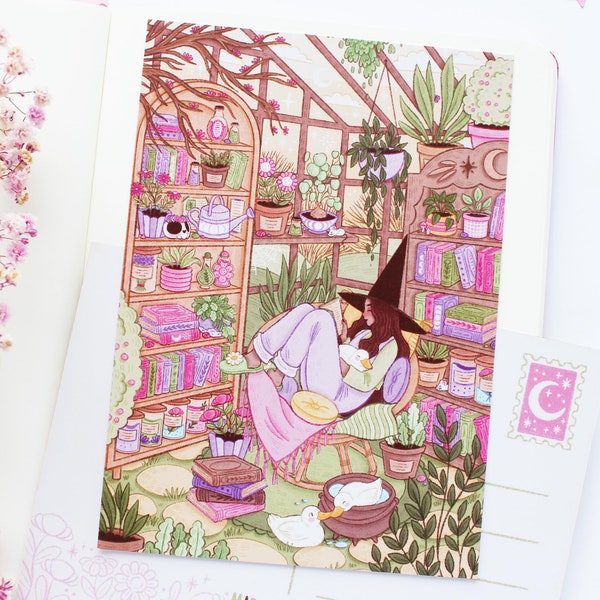 Witchy Greenhouse Postcard A6  | Greeting Card, Scrapbook, Penpal, Cozy Postcard, Magical, Witch, Ducks, Flowers, Plants, Books