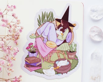 Plant Witch And Ducks Sticker | Journal Sticker, Planner Sticker, Scrapbook Sticker, Witchy Sticker, Magical, Spring, Flowers, Books