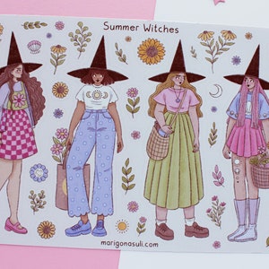 Stickervel zomerheksen | Dagboekstickers, plakboeksticker, plannerstickers, zomer stickervel, magisch, hekserij, spookachtig, bloemen