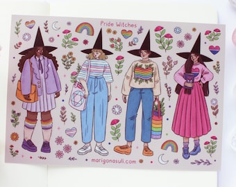 Pride Witches Matt Vinyl Waterproof Sticker Sheet | Journal Stickers, Scrapbook, Planner, Witchy, Magical, Rainbow, Love