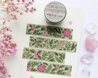 Magical Winter Plants Green And Pink Washi Tape | Journal, Scrapbook, Planner, Magical Washi Tape, Festive, Cute, Christmas, Holidays, Gift