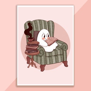 Boo The Ghost Reading Print | Poster, Wall Decor, Artwork, Witch Poster, Witchy Illustration, Winter, Magical, Spooky, Dark Academia