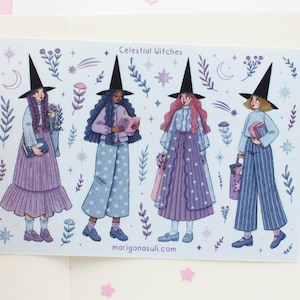 Hoja de pegatinas de vinilo mate impermeable de brujas celestiales / Pegatinas para diario, álbum de recortes, planificador, brujería, magia, celestial, astronomía