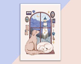 The Lighthouse Keepers Dogs Print | Poster, Wall Decor, Artwork, Witch Poster, Witchy Illustration, Magical, Books, Fairy Tale