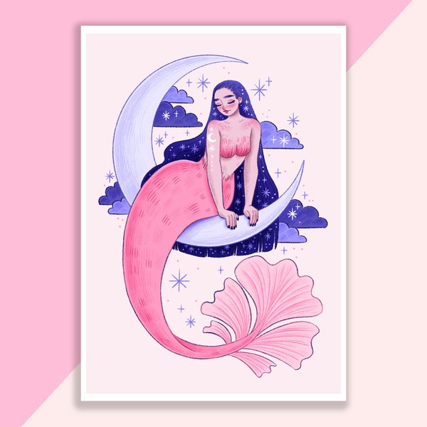 Moon Mermaid Art Print | Poster, Wall Decor, Artwork, Witch Poster, Witchy Illustration, Animals, Magical, Ocean