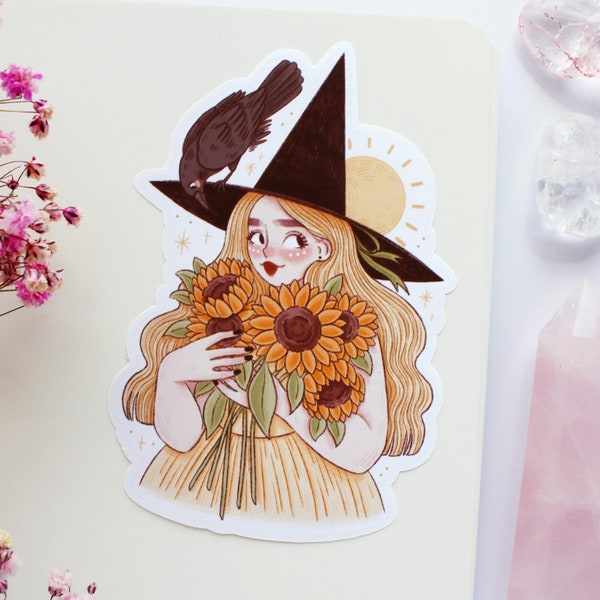 Sunflower Witch And Crow Sticker | Journal Sticker, Planner Sticker, Scrapbook Sticker, Witchy Sticker, Magical, Witch, Halloween, Autumn