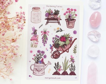 Gardening Fairies Matt Vinyl Waterproof Sticker Sheet | Journal Stickers, Scrapbook, Planner, Witchy, Magical, Fairy Tale, Celestial