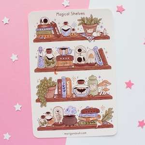 Feuille d'autocollants pour étagères magiques | Stickers pour carnet de notes, autocollant de scrapbooking, autocollants d'agenda, magiques, sorcières, fantasmagorie, Halloween, automne, automne