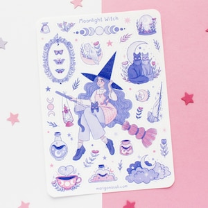 Feuille d'autocollants de sorcière au clair de lune | Stickers pour carnet de voyage, Sticker scrapbooking, Stickers agenda, Feuille d'autocollants sorcière, Magique, Automne