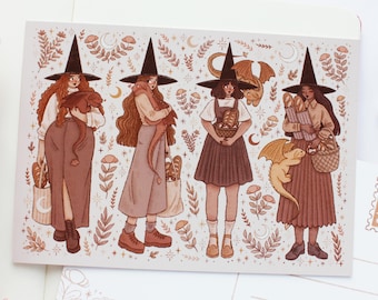 Baking Witches And Dragons Postcard A6  | Greeting Card, Scrapbook, Penpal, Cozy Postcard, Magical, Witch, Dragons, Fantasy