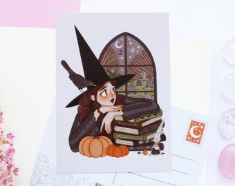 postale A6 effrayante de sorcière | Carte de voeux, scrapbooking, correspondant, carte postale confortable, magique, sorcière, automne, Halloween, effrayant