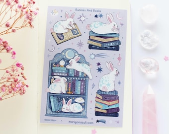 Bunnies And Books Matt Vinyl Waterproof Sticker Sheet | Journal Stickers, Scrapbook, Planner, Witchy, Magical, Celestial, Astronomy