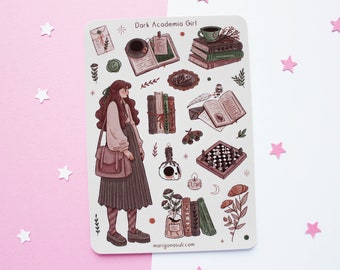 Dark Academia Girl Sticker Sheet | Journal Stickers, Scrapbook Sticker, Planner Stickers, Magical, Winter, Witchy, Spooky, Autumn, Fall