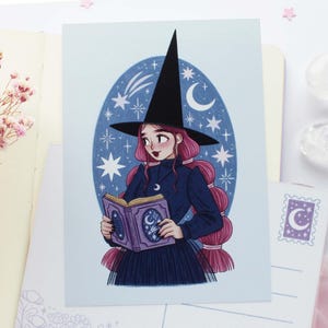 A6-kaart met hemelse heks | Wenskaart, plakboek, penvriend, gezellige ansichtkaart, magisch, heks, hemels, astronomie
