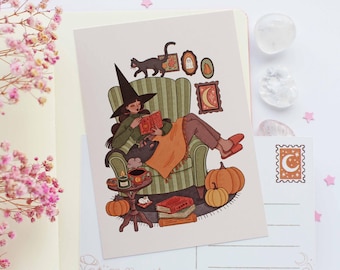 Cozy Autumn Reading Time Postcard A6  | Greeting Card, Scrapbook, Penpal, Cozy Postcard, Magical, Witch, Halloween, Autumn