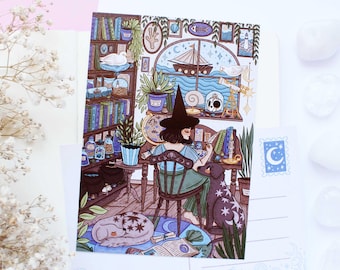 Sea Witch At Her Desk Postcard A6  | Greeting Card, Scrapbook, Penpal, Cozy Postcard, Magical, Witchy, Summer, Sea Witch