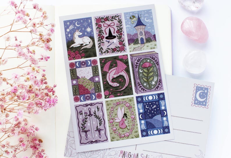 May include: A sheet of nine illustrated cards with fantasy themes, including a unicorn, witch's hat, dragon, and fairy. The cards are in a grid pattern, with a postcard and crystals in the background.