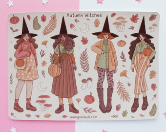 Autumn Witches Sticker Sheet | Journal Stickers, Scrapbook Sticker, Planner Stickers, Fall, Sticker Sheet, Magical, Witchy, Halloween