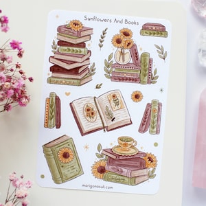 Hoja de pegatinas de girasoles y libros / Pegatinas de diario, Pegatinas de álbum de recortes, Pegatinas de planificador, Hoja de pegatinas de brujas, Mágico, Bruja, Flores