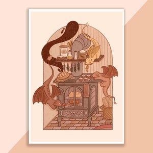 Backen Drachen Druck | Poster, Wanddeko, Kunstwerk, Hexenposter, Witchy Illustration, Herbst, Magisch, Spooky, Bakery, Cozy, Fantasy