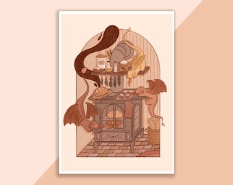 Baking Dragons Print | Poster, Wall Decor, Artwork, Witch Poster, Witchy Illustration, Autumn, Magical, Spooky, Bakery, Cozy, Fantasy