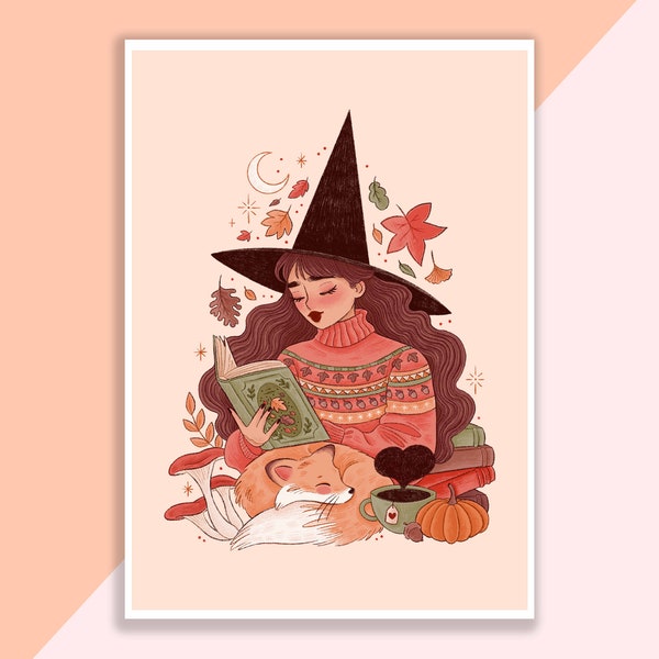 Autumn Witch And Fox Art Print | Poster, Wall Decor, Artwork, Witch Poster, Witchy Illustration, Halloween, Magical