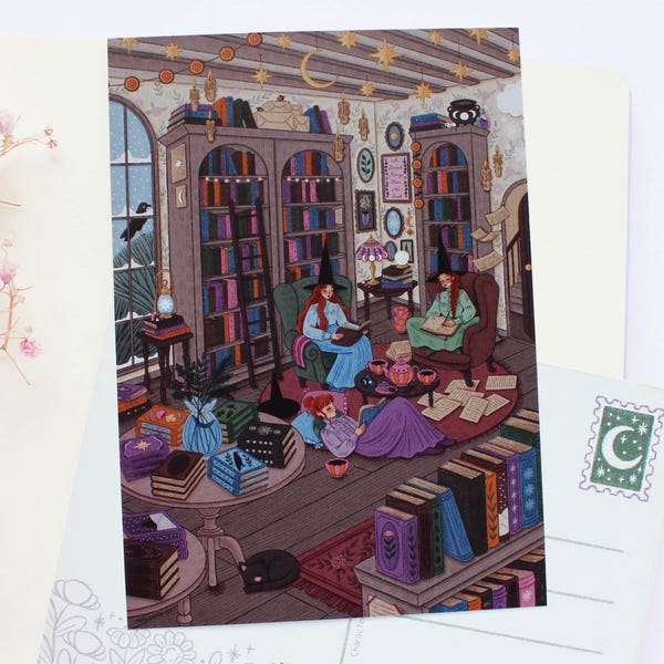 Magical Bookshop Postcard A6  | Greeting Card, Scrapbook, Penpal, Cozy Postcard, Magical, Witchy, Autumn, Halloween, Winter