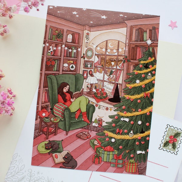 Cosy Christmas Witch Postcard A6  | Greeting Card, Scrapbook, Penpal, Cozy Postcard, Witchy Postcard, Magical, Witch, Gift