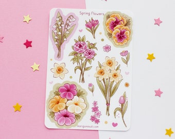 Feuille d'autocollants de fleurs de printemps | Autocollants de journal, autocollant de scrapbooking, autocollants de planificateur, feuille d'autocollants de printemps, botanique, plantes, flore