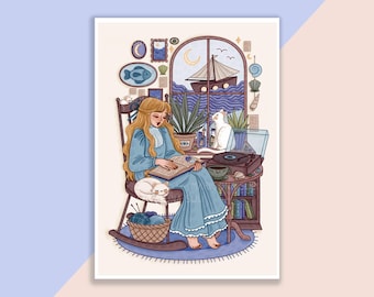 Reading By The Sea Print | Poster, Wall Decor, Artwork, Witch Poster, Witchy Illustration, Magical, Books, Fairy Tale