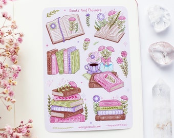 Boeken en bloemen roze stickervel | Dagboekstickers, plakboek, plannerstickers, magisch, lezen, leesgrage, dagboek lezen, bloemen