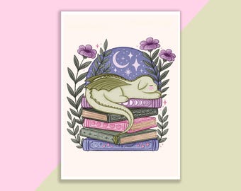 Dragon And Books With Purple Flowers Print | Poster, Wall Decor, Artwork, Witch Poster, Witchy Illustration, Magical, Fairy Tale