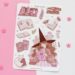 Book Witch Sticker Sheet | Journal Stickers, Scrapbook Sticker, Planner Stickers, Bookish Sticker Sheet, Magical, Witchy, Reading