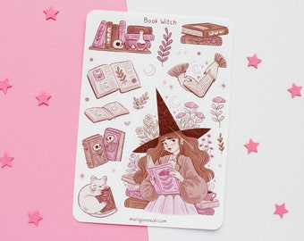 Book Witch Sticker Sheet | Journal Stickers, Scrapbook Sticker, Planner Stickers, Bookish Sticker Sheet, Magical, Witchy, Reading