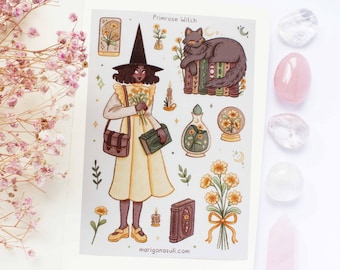 Primrose Witch Matt Vinyl Waterproof Sticker Sheet | Journal Stickers, Scrapbook, Planner, Witchy, Magical, Fairy Tale, Celestial