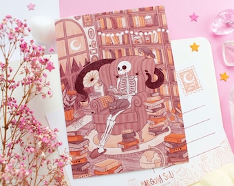 Skully The Book Loving Skeleton Postcard A6  | Greeting Card, Scrapbook, Penpal, Stationery, Autumn Postcard, Witchy Postcard, Magical