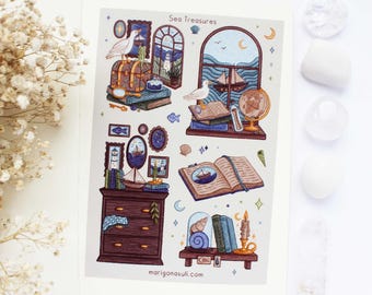 Sea Treasures Matt Vinyl Waterproof Sticker Sheet | Journal Stickers, Scrapbook, Planner, Witchy, Magical, Fairy Tale