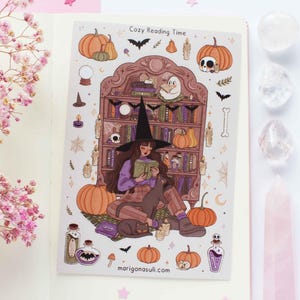 Adesivos de vinil fosco para leitura aconchegante | Adesivos para diário, adesivos para scrapbook, adesivos para planejador, bruxaria, aconchegante, outono, Halloween