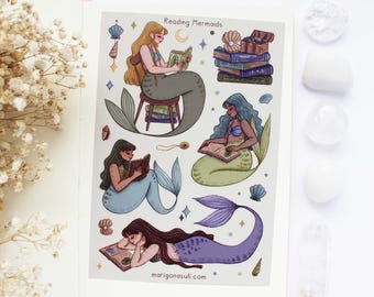 Reading Mermaids Matt Vinyl Waterproof Sticker Sheet | Journal Stickers, Scrapbook, Planner, Witchy, Magical, Fairy Tale