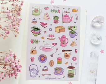 Tea Time Matt Vinyl Sticker Sheet | Journal Stickers, Scrapbook Sticker, Planner Stickers, Witchy, Spring, Flowers, Food, Cozy