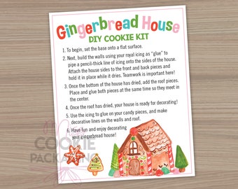 Gingerbread House DIY Cookie Kit Instructions Card 4&quot;x5&quot;, Christmas Kids Cookie Decorating Kit Card, Winter Cookie Kit Activity Instructions