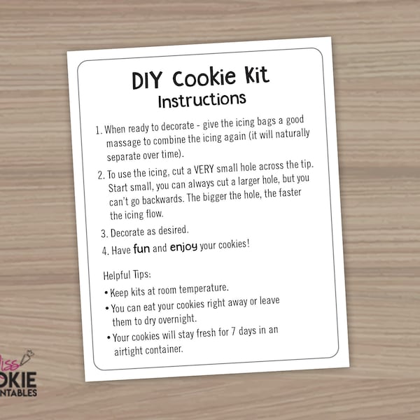 Simple DIY Cookie Kit Instructions - Printable Card - 4" X 5" - Cookie Decorating Kit Instructions - DIY Cookie Kit Directions - Digital